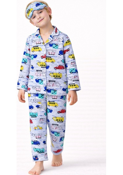 Free Beka Erkek Çocuk Önden Düğmeli Desenli Pijama Takımı %100 Pamuklu Pijama Takımı Gri