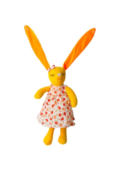 İthal Kumaş Uzun Kulaklı Renkli Kıyafetli Sevimli Tavşan Peluş Oyuncak Uyku & Oyun Arkadaşı 30 Cm. Sarı