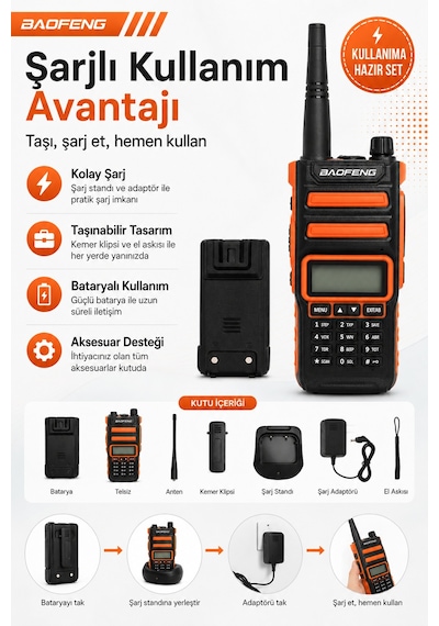 Bf-h5 Plus 10w Çift Bant Şarjlı El Telsizi Lcd Ekranlı Taşınabilir Profesyonel Telsiz