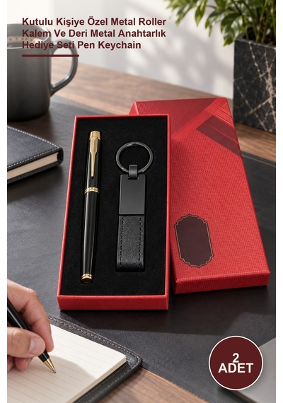 2 Adet Siyah Kalem Ve Anahtarlık Seti Kutulu Kişiye Özel Metal Roller Kalem Ve Deri Metal Anahtarlık  Seti Pen Keychain