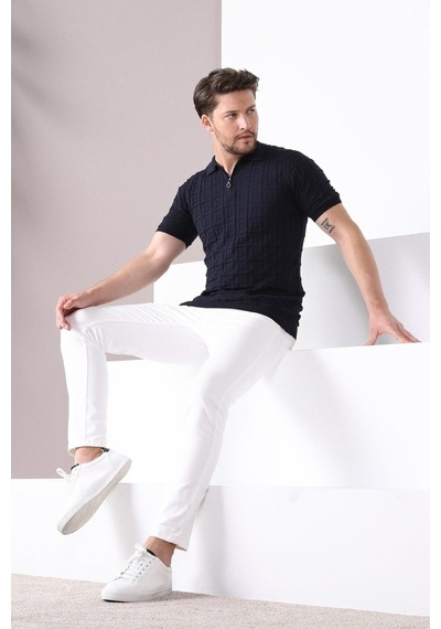 Ferraro Lacivert Polo Yaka Fermuarlı Erkek Pamuk Triko T-Shirt-Lacivert (417942239) Lacivert