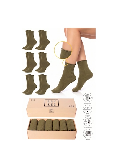 Saysez Bambu Kadın Lastiksiz Haki Soket Dikişsiz Premium Çorap Kutulu 6'lı / İz Bırakmaz / Sıkmayan Çorap