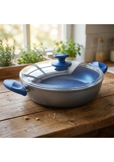 Argos 26 Cm Karnıyarık Tenceresi - Gri Gövde Ve Mavi Kırçıllı Özel Kaplama - Ergonomik Tasarımlı - Cam Kapaklı