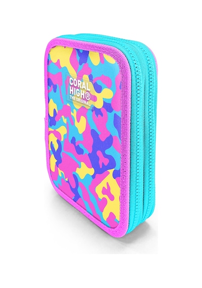 Coral High Kids Pembe Sarı Lavanta Kamuflaj Desenli Çift Katlı Kalem Çanta 31101 Pembe