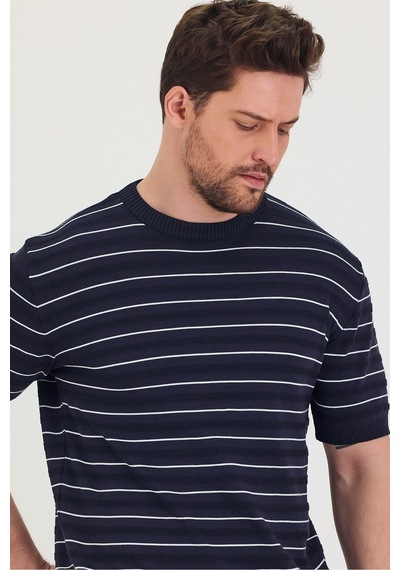 Tarz Cool Erkek Bisiklet Yaka Çizgi Detaylı Kısa Kollu Ince Triko T-shirt Lacivert