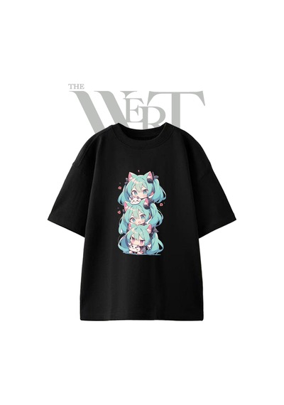Thewert Hatsune Miku Neko Tasarım Baskılı Ünisex Siyah Oversize T-shirt