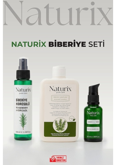 Naturix Dökülme Karşıtı ve Hızlı Saç Uzatan Doğal Biberiye Şampuanı Yağı ve Tonik Saç Bakım Seti 3'lü