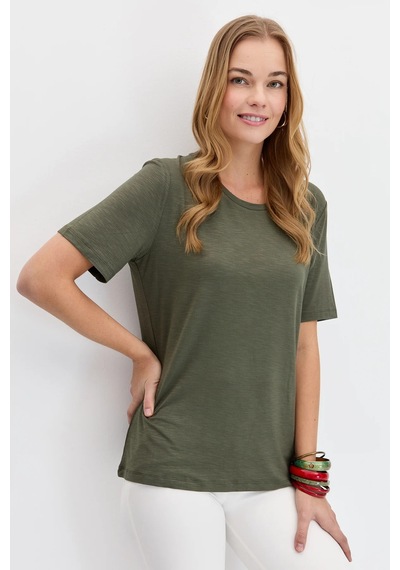 Desen Triko Kadın Sıfır Yaka Flamlı Kumaş Penye T-shirt Kmy24084 Haki