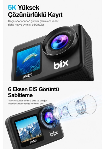 Exenar - Siyah - 5k Aksiyon Kamerası Wi-fi 50mp Çift Ekran Su Geçirmez Kılıflı Vlog Kamerası Eıs Sony Imx386 Sensörlü