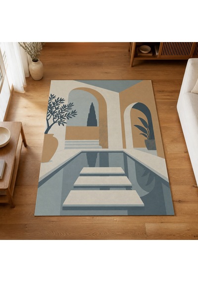 Kartela Halı Avlu Mimari Desenli Modern Halı Mavi Kaymaz Taban Makinede Yıkanabilir 100x150 Cm