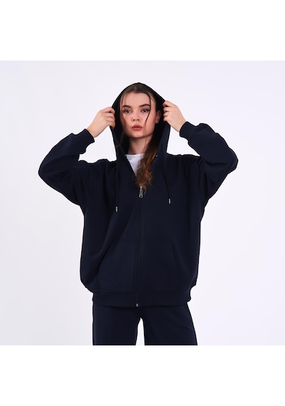 MMetalic Lacivert Kanguru Cepli Kapüşonlu Fermuarlı Oversize Kadın Sweatshirt Lacivert