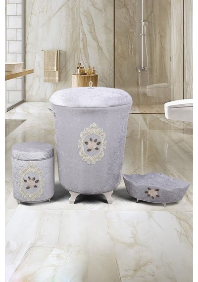 Shems Gri 3'lü Çeyizlik Banyo Kirli Çamaşır Sepeti Seti Bordo