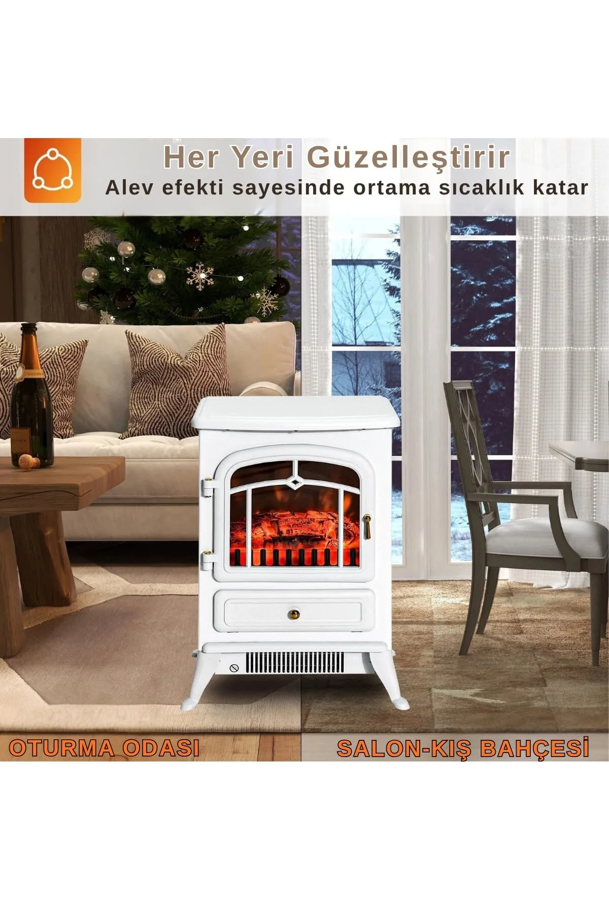 Elektrikli Şömine Beyaz 1850 W Metal Kasa, Fanlı Şömine, Şömine Soba