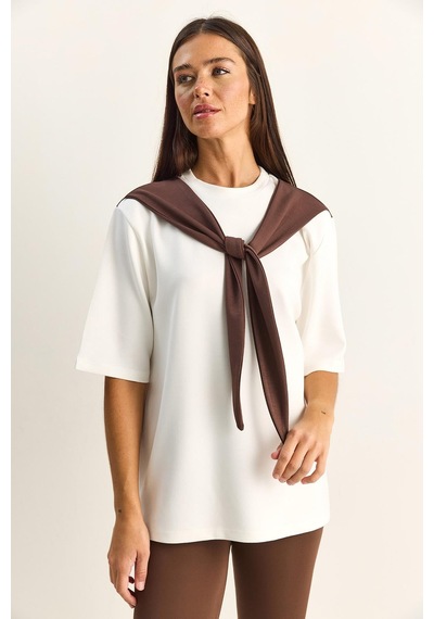 Shade Kadın Şal Detaylı Oversize Basic T-shirt 1094 60286118 - Beyaz-kahve Beyaz - Kahverengi