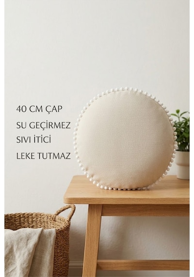 Yuvarlak Minder 40 Cm Ponponlu Dekoratif Oturma Minderi Su Geçirmez Sıvı İtici Leke Tutmaz Çok Renkli