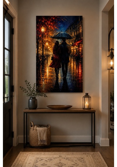 Yağmurlu Sokak Aşkı Baskılı Cam Tablo Romantik Duvar Dekoru
