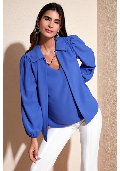 Lela Regular Fit V Yaka Balon Kol Bayan Bluz 611Bz0353 Saks