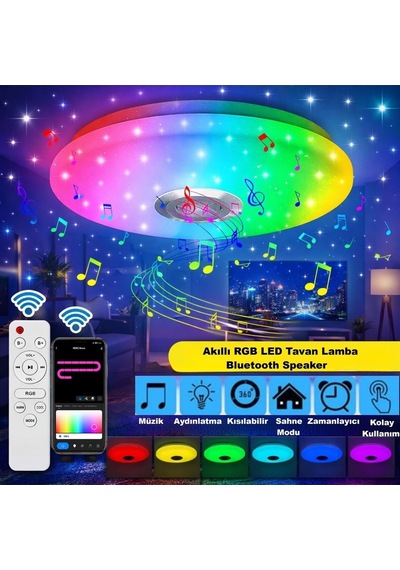 Plentiful Akıllı Tavan Lambası 60w Kısılabilir, Bluetooth Hoparlör Uzaktan Kumanda Rgb Led Renk Değişimi Lamba Müzik Dekoratif Aydınlatma Smart Çok Renkli