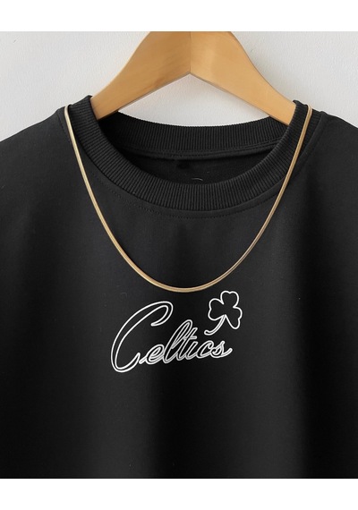 Boston Celtic Oversize Baskılı Pamuklu Bisiklet Yaka Çocuk Erkek Tişört Siyah