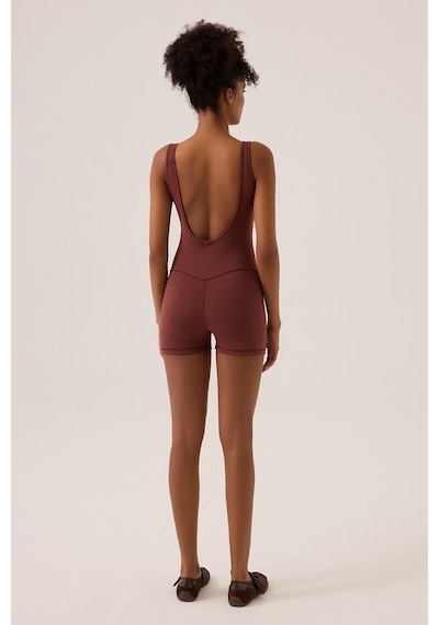 Los Ojos X Ece Bordo Kare Yaka Askılı Kısa Spor Tulum Unitard Bordo Bordo
