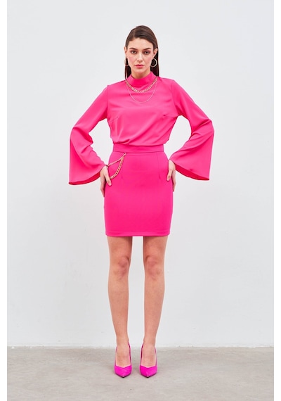 Sateen Zincir Aksesuarlı Mini Etek - Fuşya
