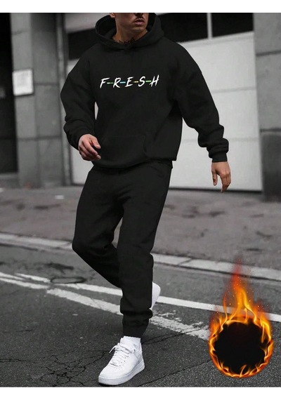 Fresh Eşofman Takımı Sweatshirt Jogger - Siyah Baskılı Şardonlu Kapüşonlu Siyah