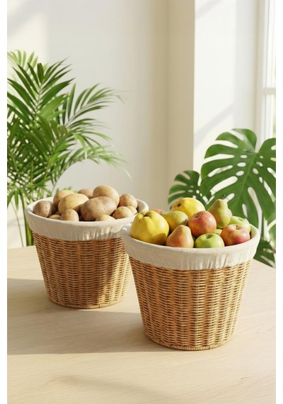 Digithome 2'li Yuvarlak Rattan Hasır Patates Soğan Sarımsak Meyve Sepeti Düzenleyici Organizer -9t02 Kahverengi