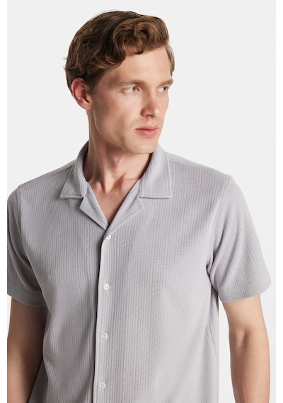 Tudors Erkek Slim Fit Yazlık Örme Dokulu Kısa Kollu Apaş Yaka Gri Gömlek-34775 Gri
