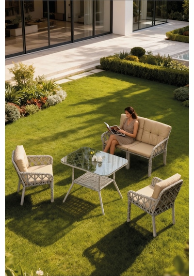 Lumisgarden Neva Rattan Bahçe Takımı 2+1+1 +masa Bej