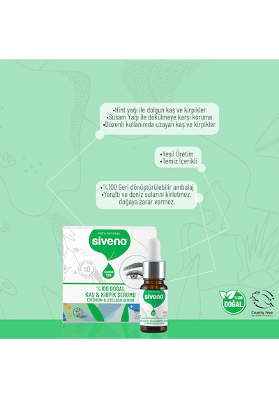 Siveno %100 Doğal Kaş ve Kirpik Serumu Bitkisel Yoğunlaştırıcı Canlandırıcı Yoğun Bakım Yağı Vegan 10 ML