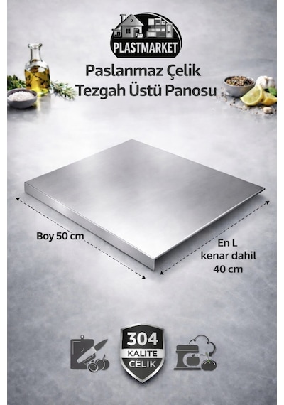 Paslanmaz Çelik Tezgah Üstü Kesme Doğrama Yoğurma Tahtası - L Kenar - Büyük Boy Metalik