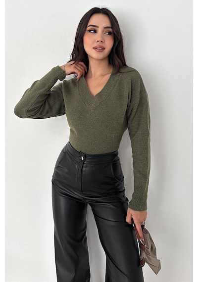 Noa & Noa Kadın V Yaka Triko Kazak Cozy Neutral Yeşil