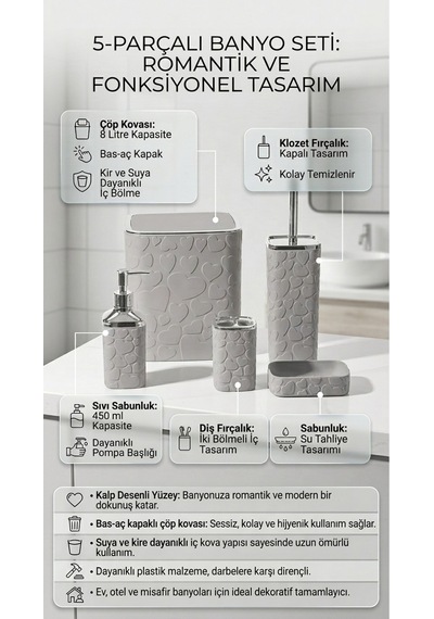 Makri Home 5 Parça Banyo Seti, Kalp Desenli, Gri Silver, Kare, Click Kapaklı, Hacim: 8 Litre Gri