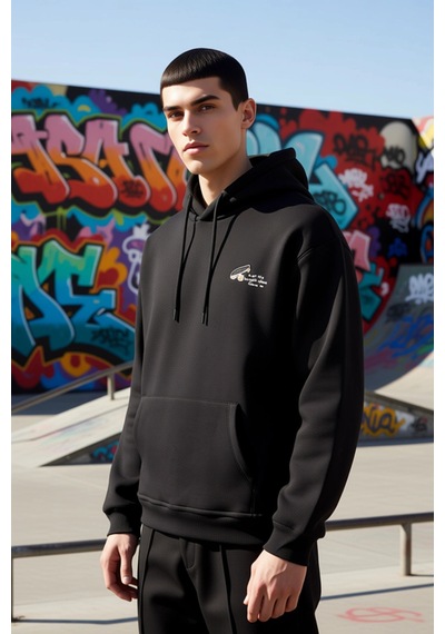 Benerly Erkek Kapüşonlu Düşük Kol Sweatshirt Slogan Nakışlı Fonksiyonel D siyah