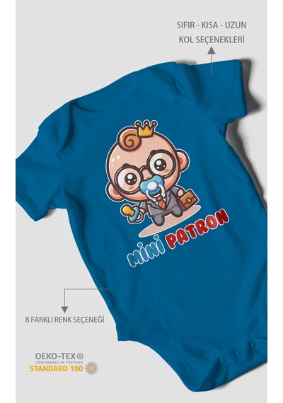Mini Patron Baskılı Bebek Zıbını Çıtçıtlı Body %100 Pamuk Kısa Kol Koyu Mavi