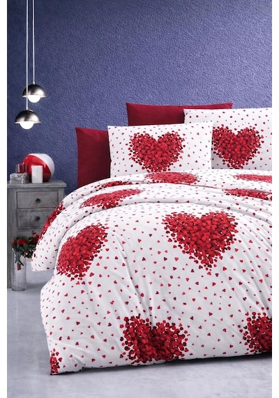 Lüks%80 Pamuklu Çift Kişilik Nevresim Takımı Seti Yorgan Kılıfı Kırmızı Kalp Desen 220x200 Cm + Lastikli Battal Boy Çarşaf 180x200x30 Cm +2 Yastık Kılıflı 50x70 Cm Çok Renkli