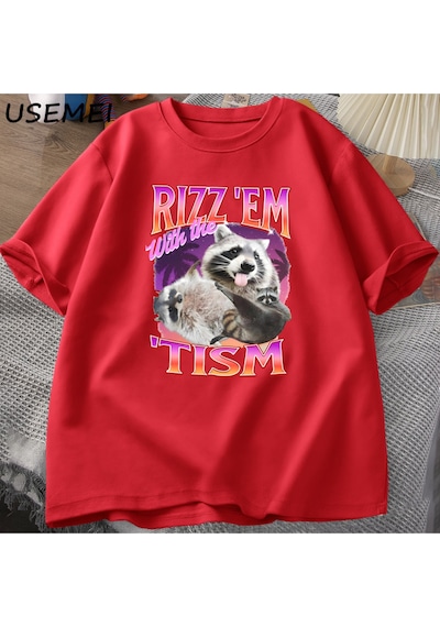 Flood Of Style Rizz Em Tism İle Retro Tişört Adam Komik Rakun Grafik T-shirt Unisex Opossum T Shirt Kadın Er Kırmızı