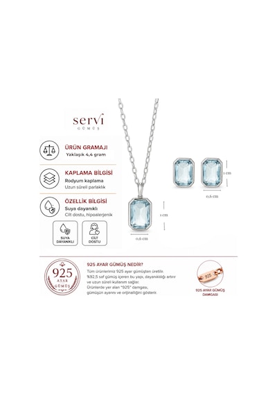 Servi 925 Ayar Gümüş Maris Açık Mavi Baget Taşlı Kolye Ve Küpe Set -461
