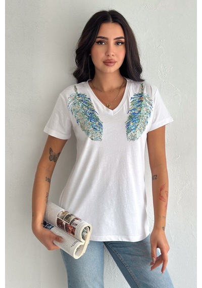 Femelle Kadın Beyaz V Yaka Omzu Yaprak Pul Payet İşlemeli %100 Pamuk T-shirt - Fem8