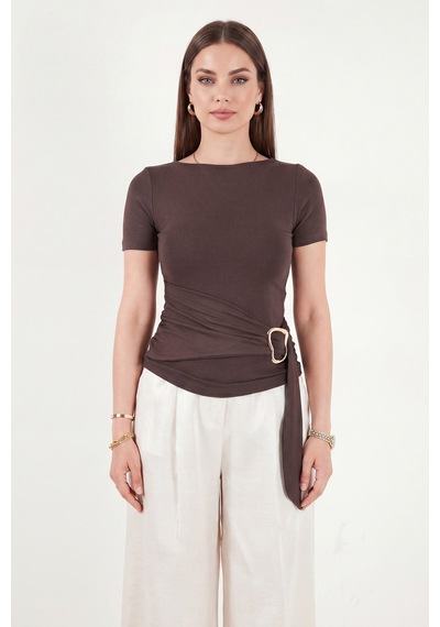 Lela Toka Detaylı Fitted Fit Kayık Yaka Bluz Bayan Bluz 5862707 Kahve