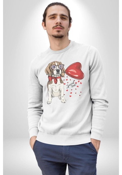 Poodle Ve Beagle Sevililer Günü Hediyesi Unisex Beyaz Baskılı Sweatshirt Beyaz
