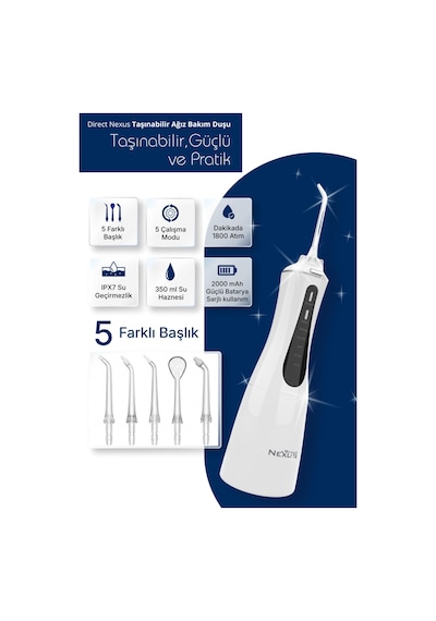Şarjlı Taşınabilir Ağız Duşu 5 Başlıklı 5 Modlu Ipx7 350 Ml Beyaz