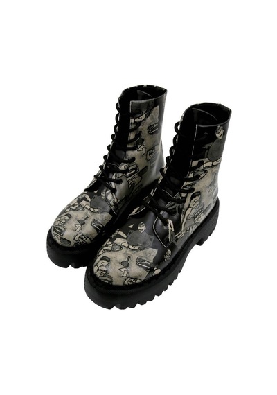 Kadın Vegan Deri Siyah Uzun Bot - Supper Black White Tasarım Multicolor