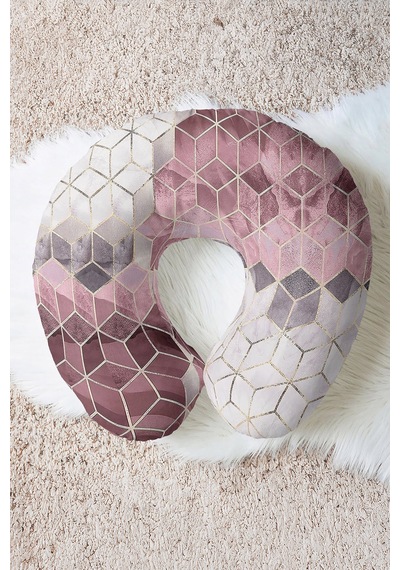 Geometrik Modern Desenli Boyun Yastığı - Altın Çizgili Pembe Gri Yumuşak Seyahat Yastığı Koyu Kanyon Kabak
