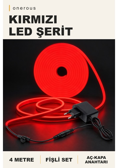Onerous 4 M Kırmızı Led Şerit, Anahtarlı, Fişli