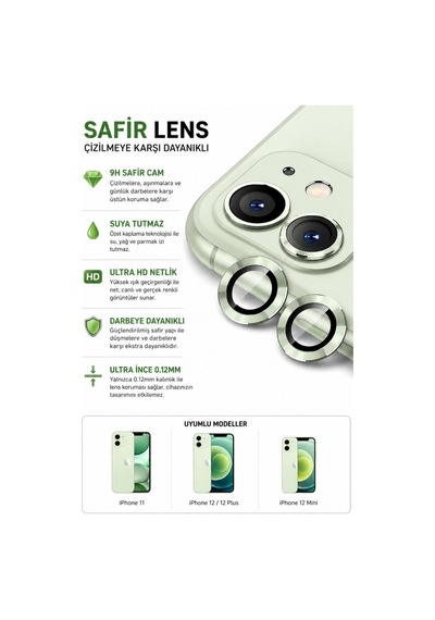 Apple iPhone Uyumlu  11 / 12 / 12 Mini Açık Yeşil Metal Kamera Lens Koruyucu Safir Cam Ultra Net Hd