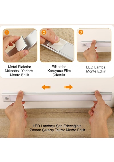 40cm Sensörlü Alüminyum Usb Şarjlı Led Gece Lambası 3 Renk Kısılabilir Mutfak Dolap Tezgah Siyah