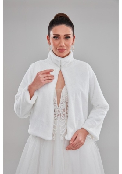 New In Style Dik Yaka Uzun Kol Beyaz Gelin Etol Kürk Bolero Beyaz