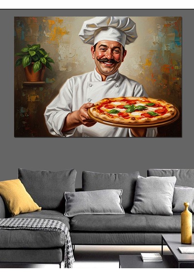 Ahşap Tablo Pizza Tepsisi Tutan Gülümseyen Şef Yiyecek Ve İçecek Tabloları