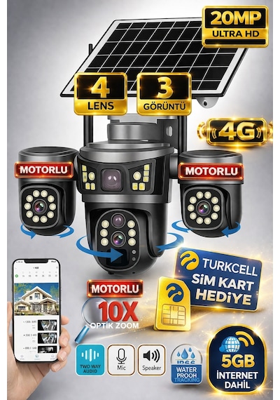 Onqam 20mp On-sg4346m 4lens 3 Ptz Kameralı 4g V380 Pro Soalr Akıllı Güvenlik Kamerası